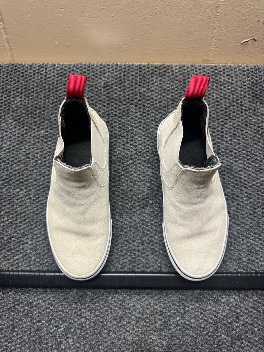 Vans Cream Slip-On Loafers with Red Heel Tabs